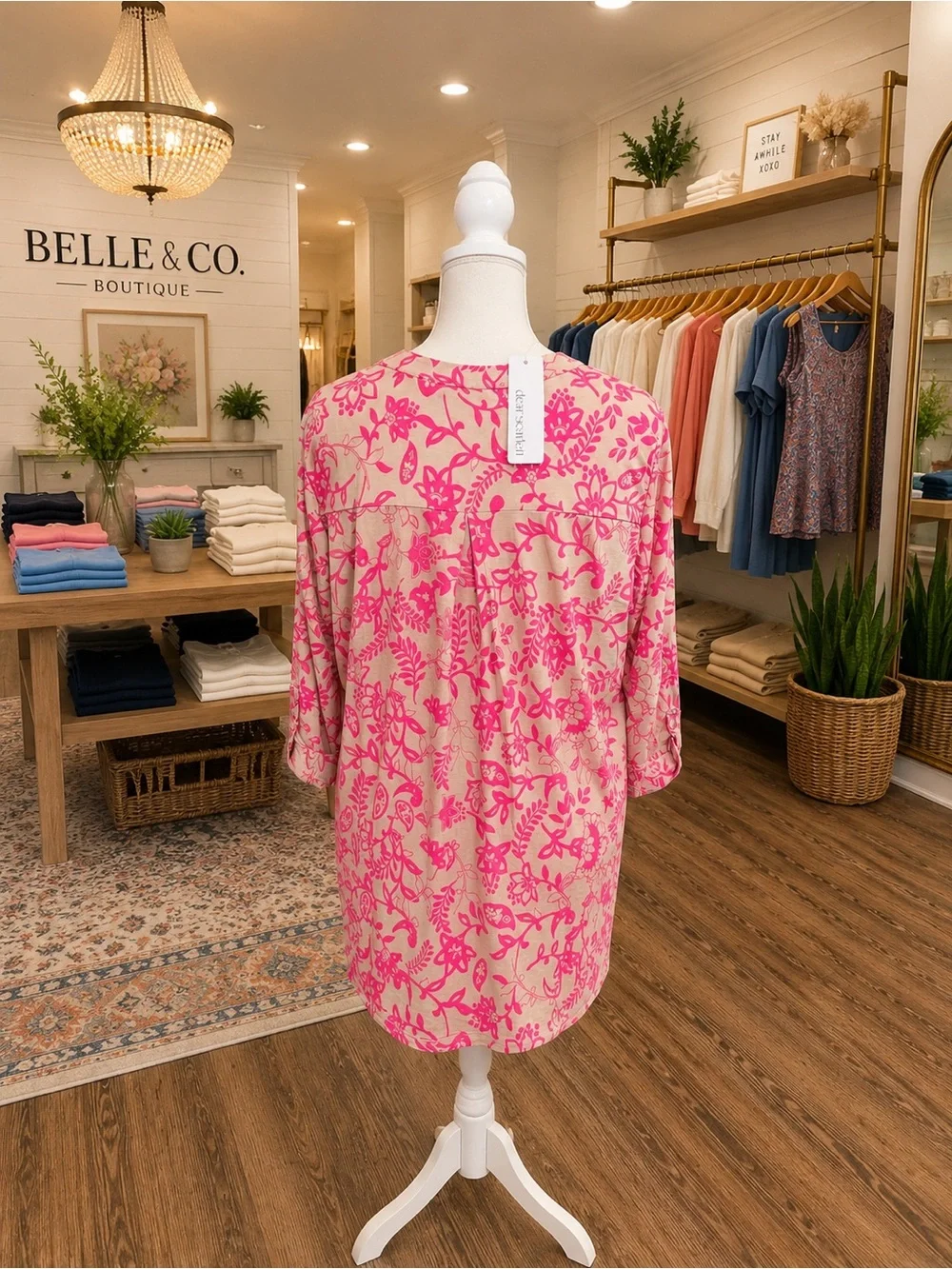 Dear Scarlett NWT Pink & Tan Floral Faux Roll Tab Top 2X | Stretch Blouse - Picture 2 of 2